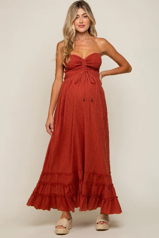 Midi dresses with tassel accents for a bohemian and free - spirited styleRust Smocked Cutout Back Maternity Maxi Dress