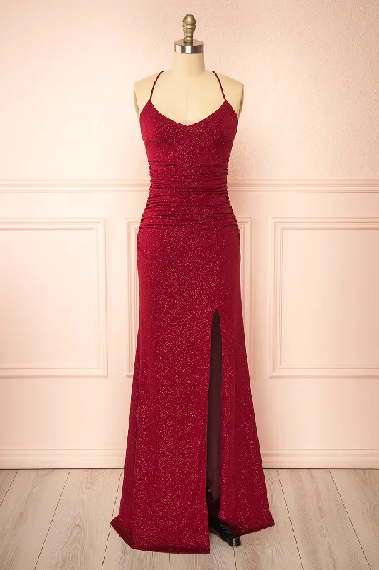 Midi dresses with lace - up fronts for a unique and adjustable styleSamira Burgundy | Sparkly Mermaid Maxi Dress w/ Slit