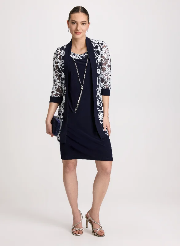 Midi dresses with satin - finish fabrics for a luxurious feelSheer Floral Jacket & Dress Set