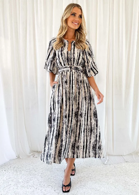 Plaid midi dresses for a fall - themed family gatheringShiema Midi Dress - Black Stripe