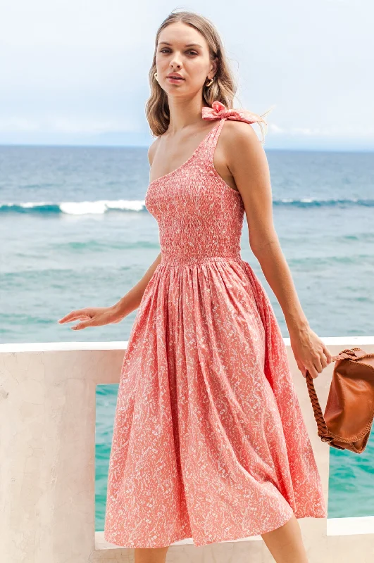 Midi dresses with fringe details for a fun and energetic styleSienna One-Shoulder Shirred Dress (Sale)