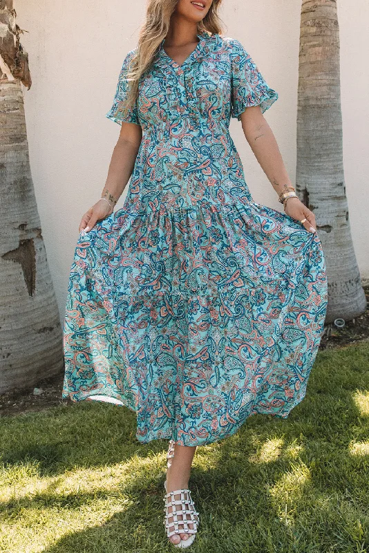 Midi dresses with sheer panels for a touch of allurePaisley Ruffle Tiered Maxi Dress