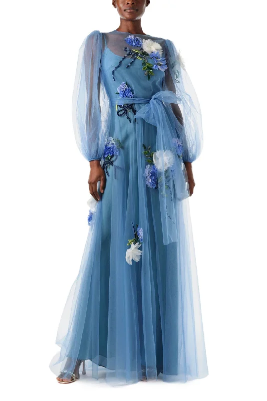 Midi dresses with patchwork patterns for a one - of - a - kind styleLong Sleeve Embroidered Tulle Gown