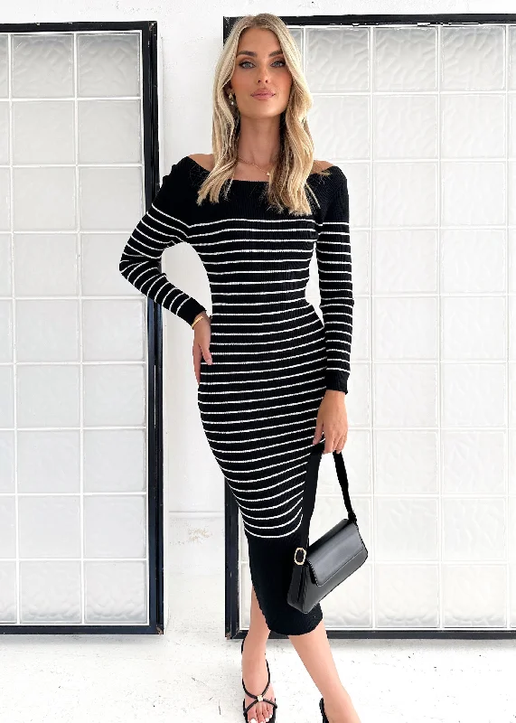 Midi dresses with ruffled hems for a romantic date nightStassy Knit Midi Dress - Black Stripe