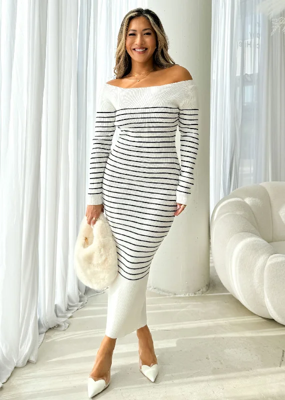 Midi dresses with wrap - around skirts for a customizable fitStassy Knit Midi Dress - White Stripe