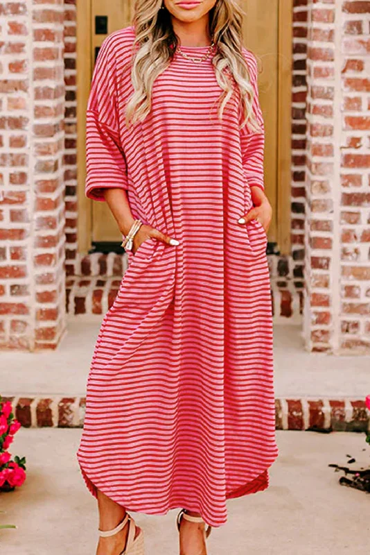 Midi dresses with button - down skirts for a unique and functional designStripe 3/4 Sleeve T-Shirt Dress