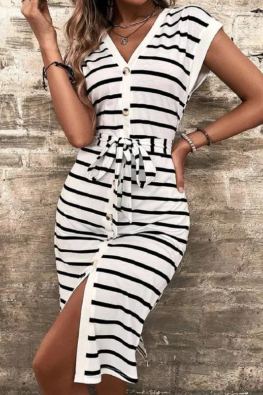 Midi dresses with ribbed textures for a unique and tactile appearanceStriped Button Slit Tie V-Neck Midi Dress