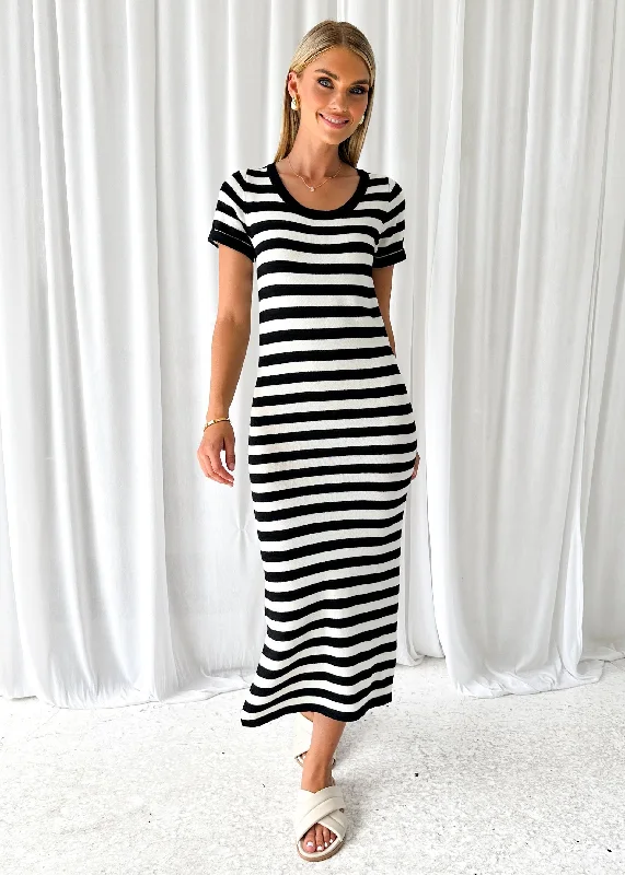 Midi dresses with ruffled hems for a romantic date nightTaleen Knit Midi Dress - Black Stripe