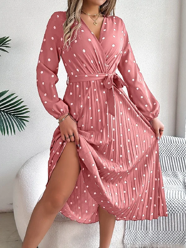 Midi dresses with pleated skirts for a timeless and elegant appealTied Polka Dot Long Sleeve Midi Dress