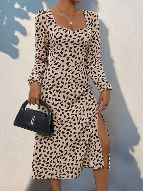 Midi dresses with tiered skirts for a bohemian festival lookTied Slit Printed Long Sleeve Midi Dress