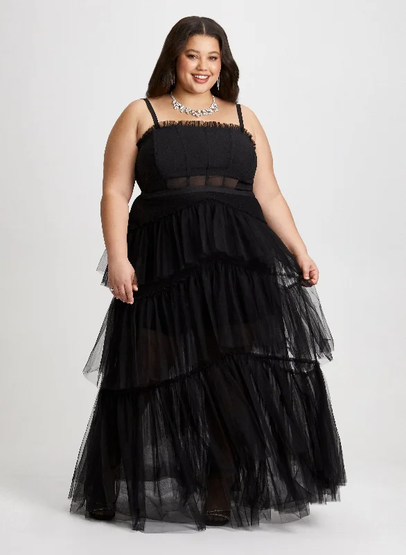 Midi dresses with ruffled sleeves for a more feminine and voluminous lookTiered Tulle Corseted Gown