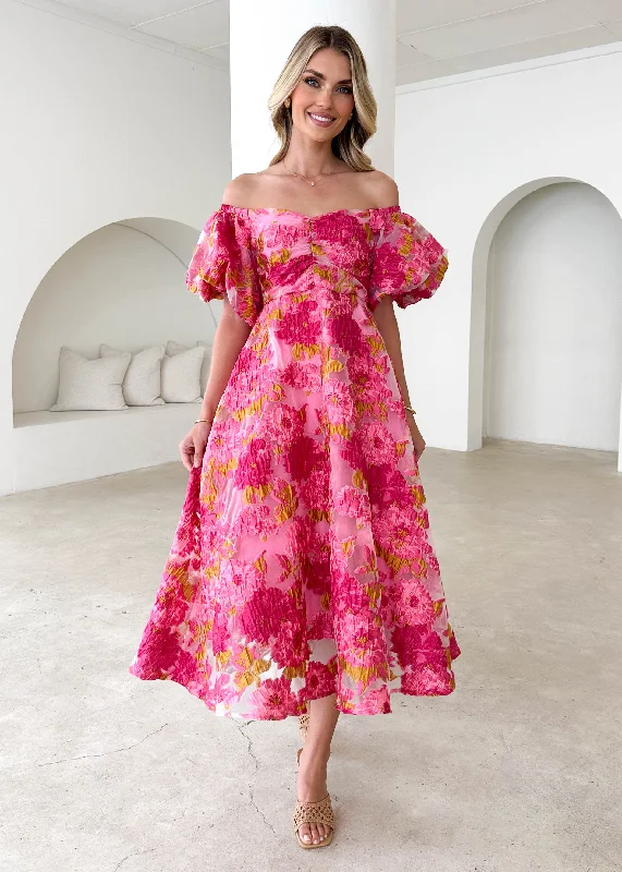 A - line midi dresses with floral prints for spring brunchesPRE-ORDER: Tulliah Off Shoulder Midi Dress - Pink Jacquard