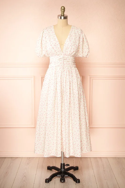 Midi dresses with metallic threads for a glamorous evening eventVeronique | Midi Floral Dress w/ Puffy Sleeves