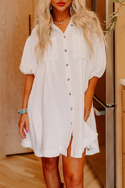 A - line midi dresses with floral prints for spring brunchesPuff Sleeve Buttoned Shirt Dress