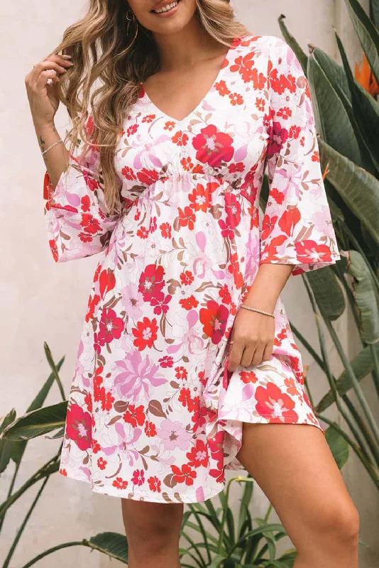 Midi dresses with belted waists to accentuate the figureFloral 3/4 Bell Sleeve Dress
