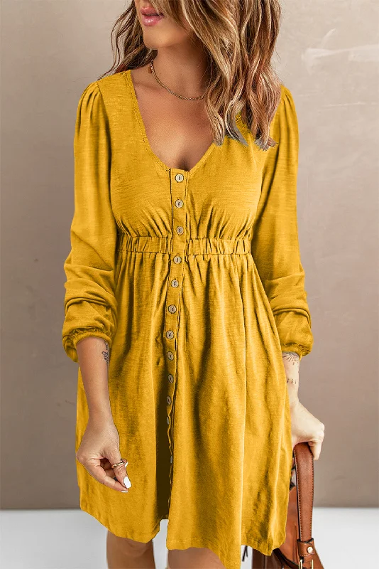 Midi dresses with gathered skirts for a full and flowing silhouetteYellow Button Up High Waist Long Sleeve Dress