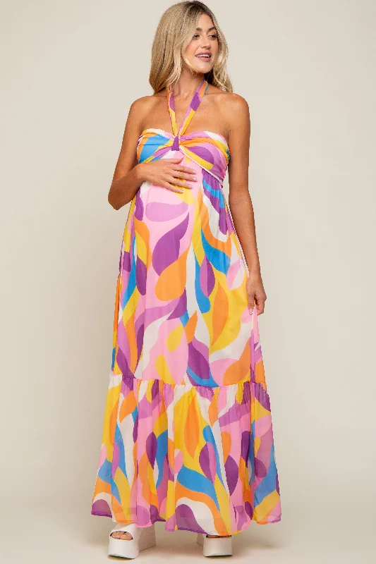 Midi dresses with off - the - shoulder necklines for a flirty lookYellow Printed Halter Maternity Maxi Dress