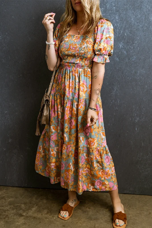 A - line midi dresses with floral prints for spring brunchesFloral Smocked Puff Sleeve Dress