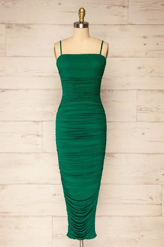 Midi dresses with satin - finish fabrics for a luxurious feelYurtof Green | Fitted Ruched Midi Dress