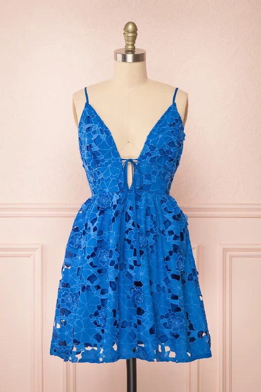 Midi dresses with puff sleeves for a vintage - inspired lookYvette | Short Blue A-Line Lace Dress