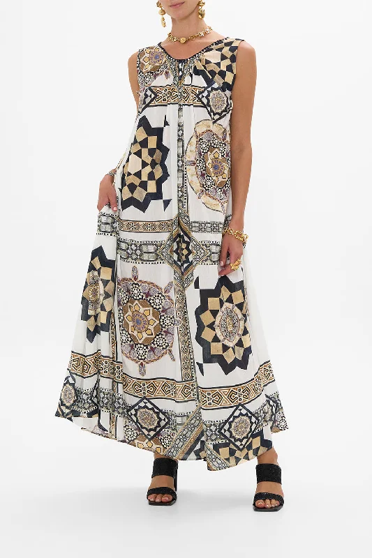 Maxi dresses with embroidered floral motifs for a unique designPANELLED TANK DRESS WITH CURVED HEM TILE STYLE
