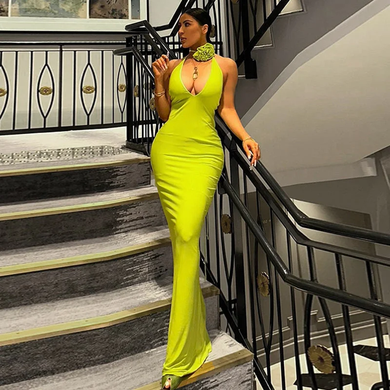 Maxi dresses with a ruffled neckline for a charming look11564 Halter Deep V Floral Solid Sleeveless Slim Sexy Elegant Maxi Women'S Dresses Spring Summer Party Club American Clothing