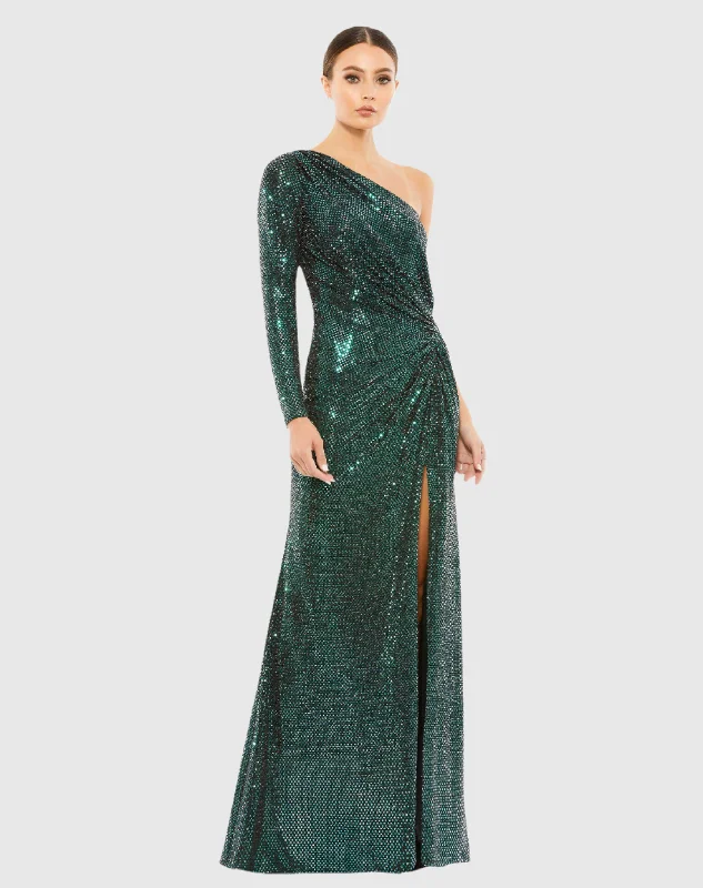 Strapless maxi dresses for a beachside vacationSequined One Sleeve Draped Gown