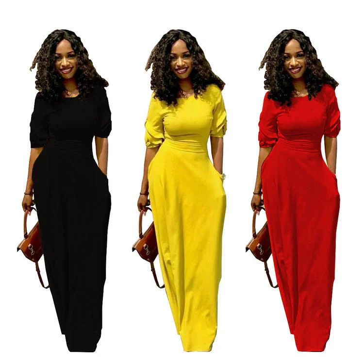 Maxi dresses with a cinched waist for a defined silhouette2020 New hot sale tight waist maxi dress africa solid color with pocket half sleeve dress abaya