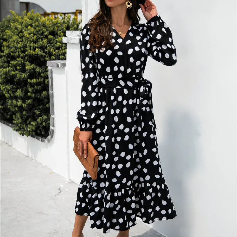 Printed maxi dresses with abstract patterns for an artistic look2022 New Style Elegant Casual Ladies V Neck Printing Maxi Dot Long Sleeve Women Casual Dresses