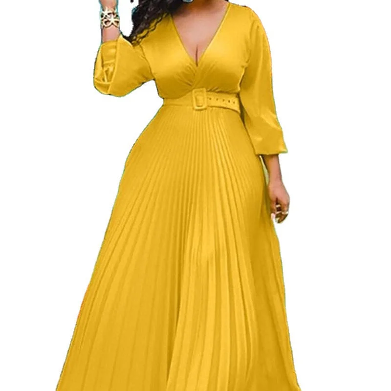 Maxi dresses with an asymmetric hem for a fashion - forward and eye - catching design2023 High Waist Solid Color Temperament Retro A-line Pleated Maxi Chiffon Long Sleeve Casual Dress With Belt