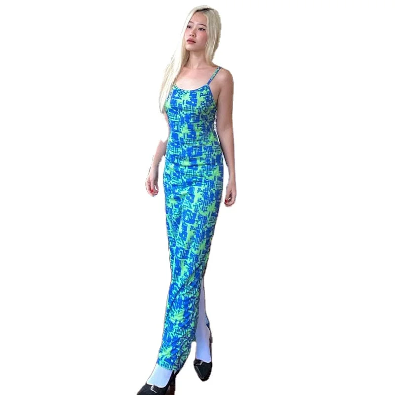 Satin maxi dresses with a high - low hem for a modern twist2023 new arrivals women natural Floral printed v-neck backless y2k clothing summer maxi dress
