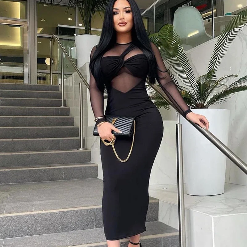 Sheer maxi dresses with lace overlays for a romantic touch2023 New Round Neck Mesh Splice Long Sleeve Mid length Skinny Dress black sexy see through maxi club dress