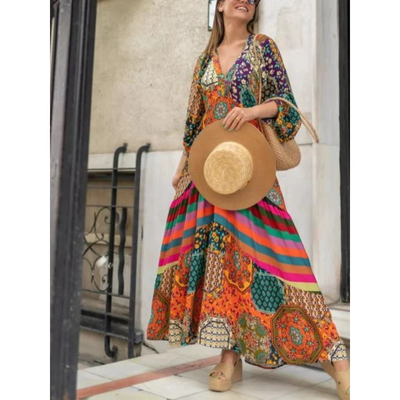 Maxi dresses with side slits for a touch of allure2023 Non Stretch Light Weight Flowy Cute Flattering Roomy Summer Chic Versatile.v Neck Sing It Louder Printed Boho Maxi Dress