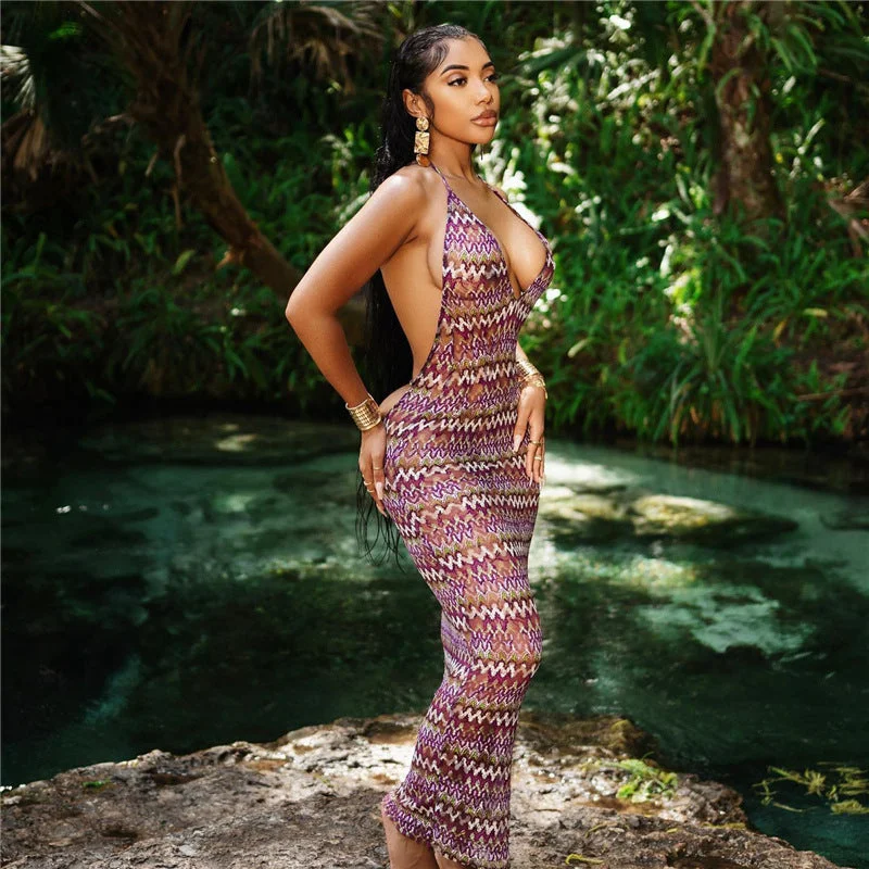 Metallic maxi dresses for a glamorous New Year's Eve party2023 summer boutique v neck mesh hot sexy backless beachwear bodycon maxi girls dresses