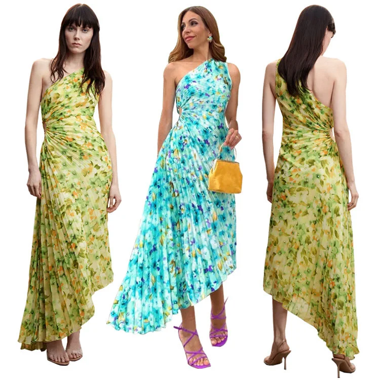Maxi dresses with off - the - shoulder styles for a romantic and breezy look2023 Summer Casual Dresses One Shoulder Floral Printed Pleated Dress Slim Fit Hot Sell Long Maxi Sun Dresses