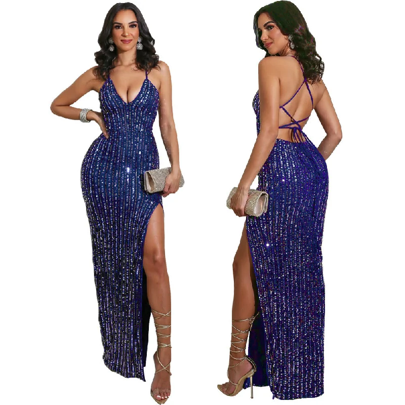 Sequined maxi dresses for formal evening galas2023 summer women deep V neck back tie high split sequin elegant evening dress women maxi prom dresses