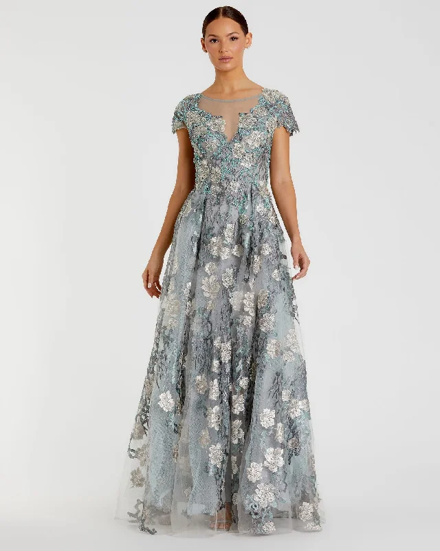 Maxi dresses with cut - out details on the sides for a modern edgeFloral Embroidered Short Sleeve Gown