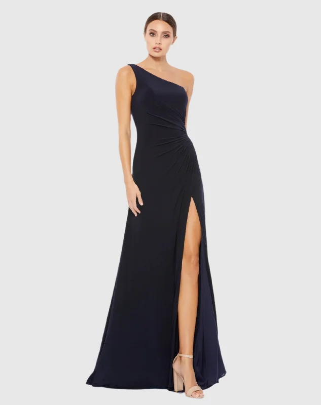 Maxi dresses with balloon sleeves for a vintage - inspired styleBlue One Shoulder Ruched Jersey Evening Gown