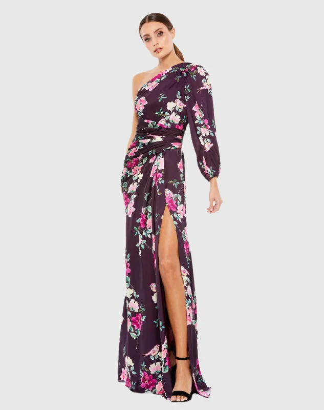 Maxi dresses with a criss - cross back for a flirty and unique detailPlum Floral Print One Sleeve Gown