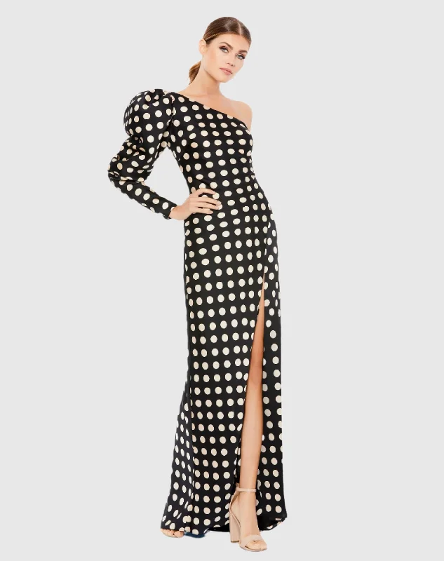 Maxi dresses with pom - pom trims for a playful and festive lookOne Sleeve Polka Dot Sheath Gown