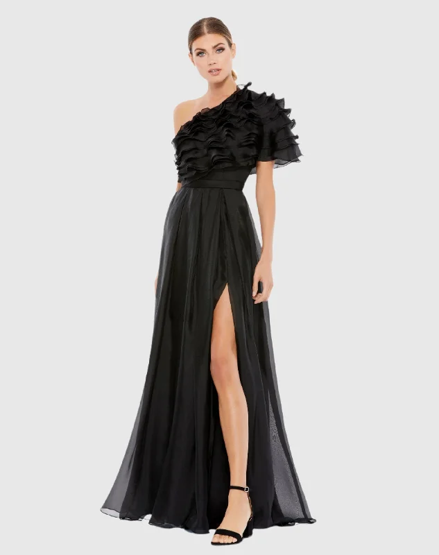 Maxi dresses with tassel accents for a fun and lively touchRuffle Layered One Shoulder Gown