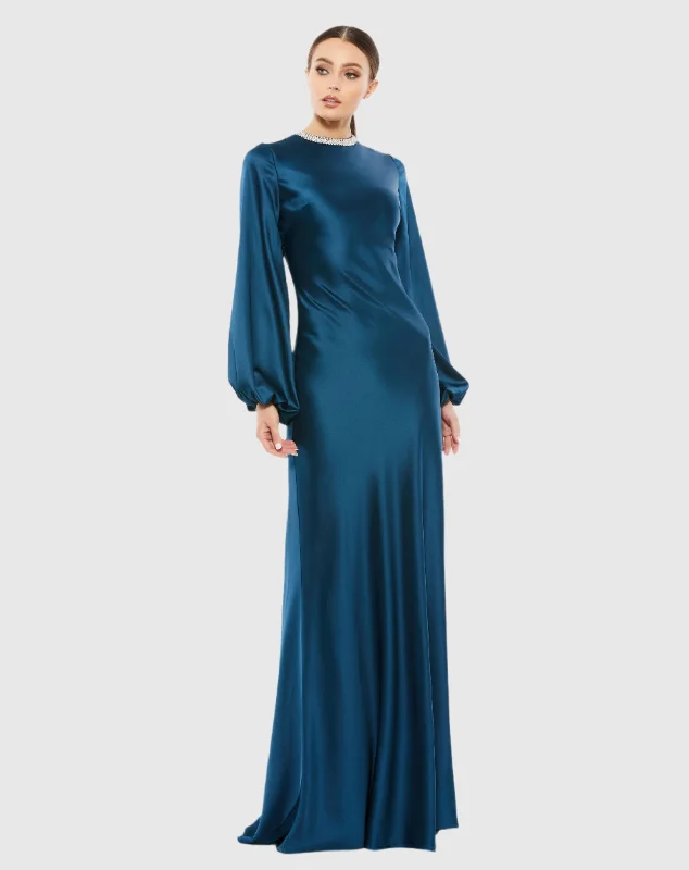 Maxi dresses with one - shoulder designs for a stylish and asymmetric lookBeaded High Neck Bishop Sleeve Satin Gown