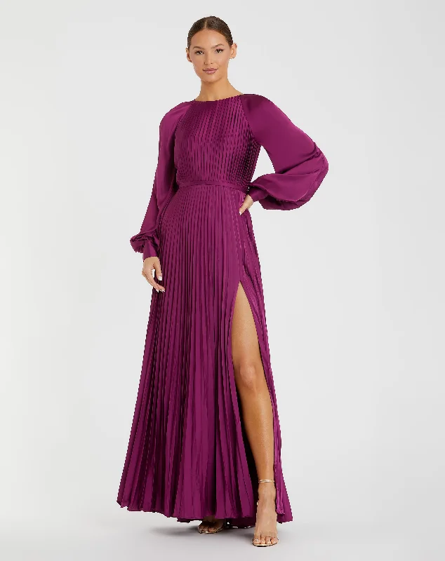Floral print maxi dresses for summer garden partiesPurple Pleated High Neck Raglan Long Sleeve Side Slit Gown