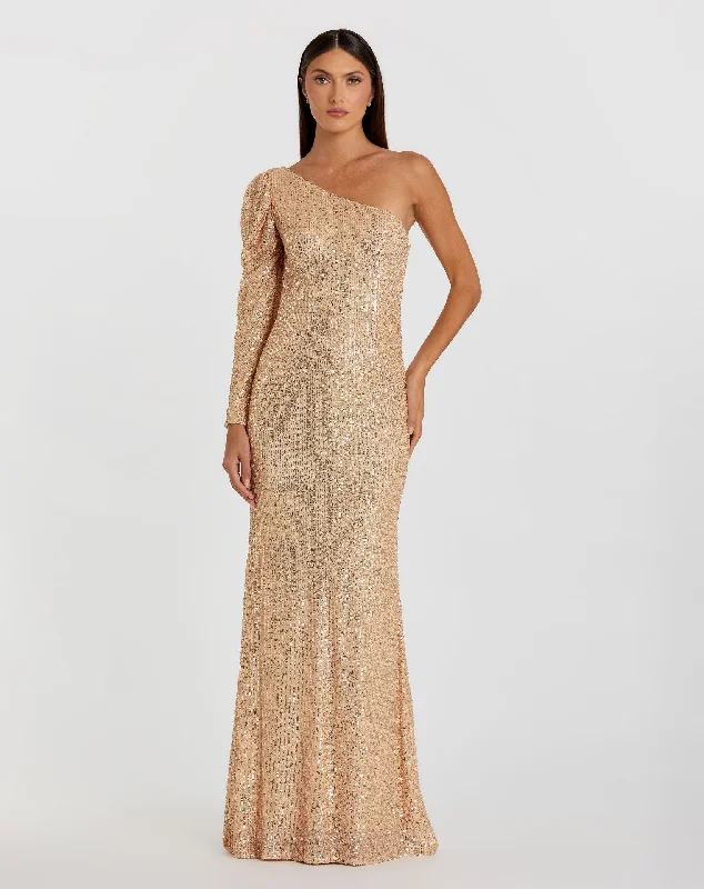 Maxi dresses with one - shoulder designs for a stylish and asymmetric lookGold Sequined One Shoulder Trumpet Gown