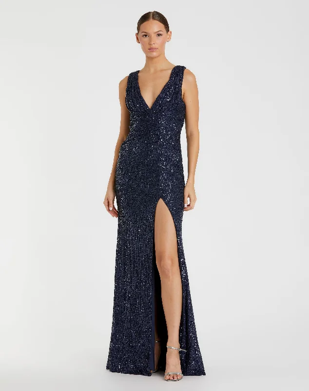 Maxi dresses with a paisley print for a classic and elegant styleV-Neck Sequin Wrap Waist Gown