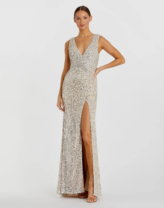 Maxi dresses with balloon sleeves for a vintage - inspired styleV-Neck Sequin Wrap Waist Gown