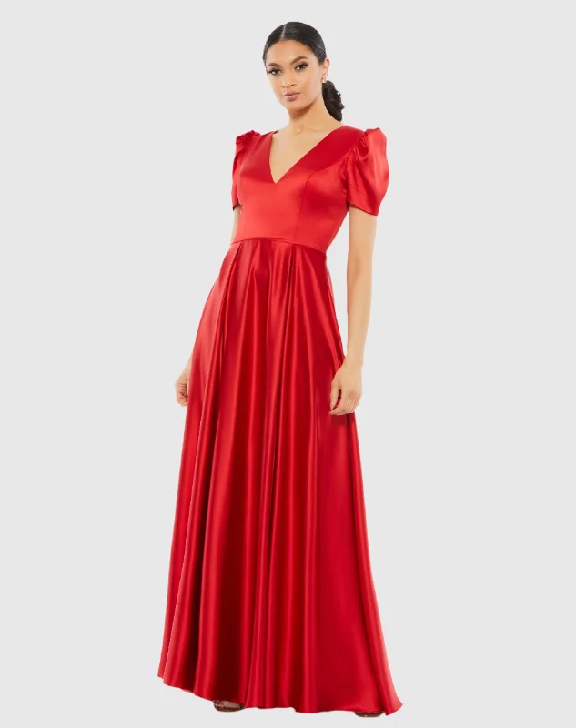 Floral print maxi dresses for summer garden partiesPuff Sleeve V-Neck Satin Gown