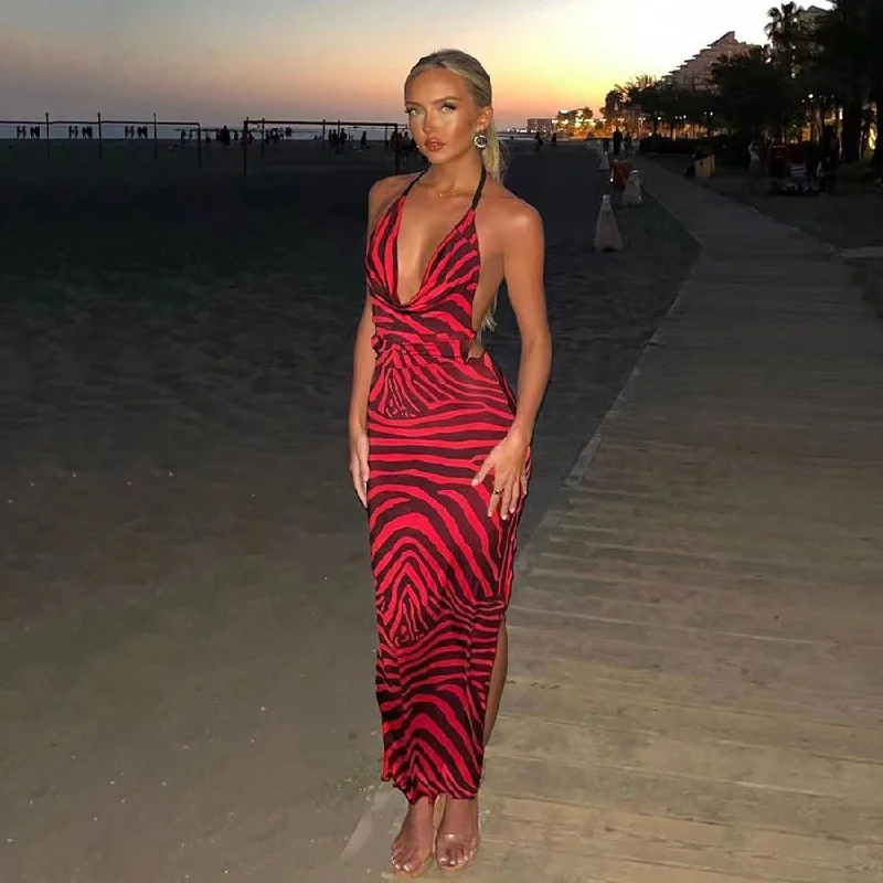 Maxi dresses with beaded embellishments for a fancy and luxurious event29428 Summer 2023 Stripes Print Open Back Elegant Vestido Dress Party Wear Maxi Dresses Women