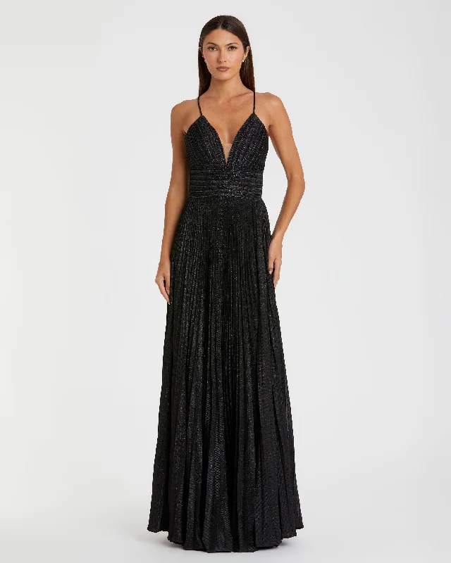 Maxi dresses with one - shoulder designs for a stylish and asymmetric lookShimmer Pleated V-Neck Gown