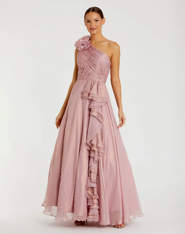 Satin maxi dresses with a high - low hem for a modern twistIridescent One Shoulder Rosette Ball Gown